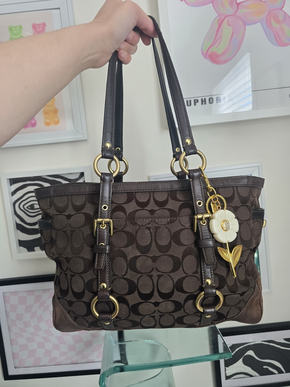 Vintage Coach Chocolate Tote w/ Flower Charm